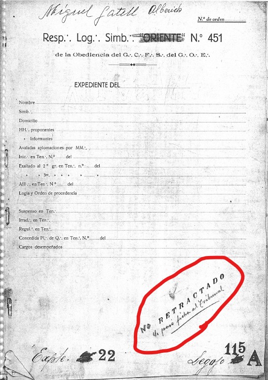 Expediente de Masón no retractado de Miguel Gatell